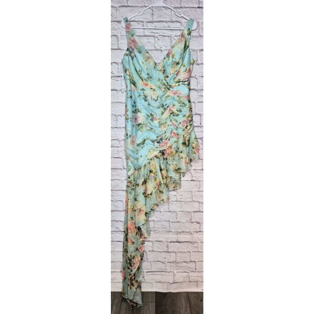NWT Mac Duggal Ieena Blue Floral Chiffon Waterfall Ruffle Hem Gown Size 10 prom - Picture 2 of 11